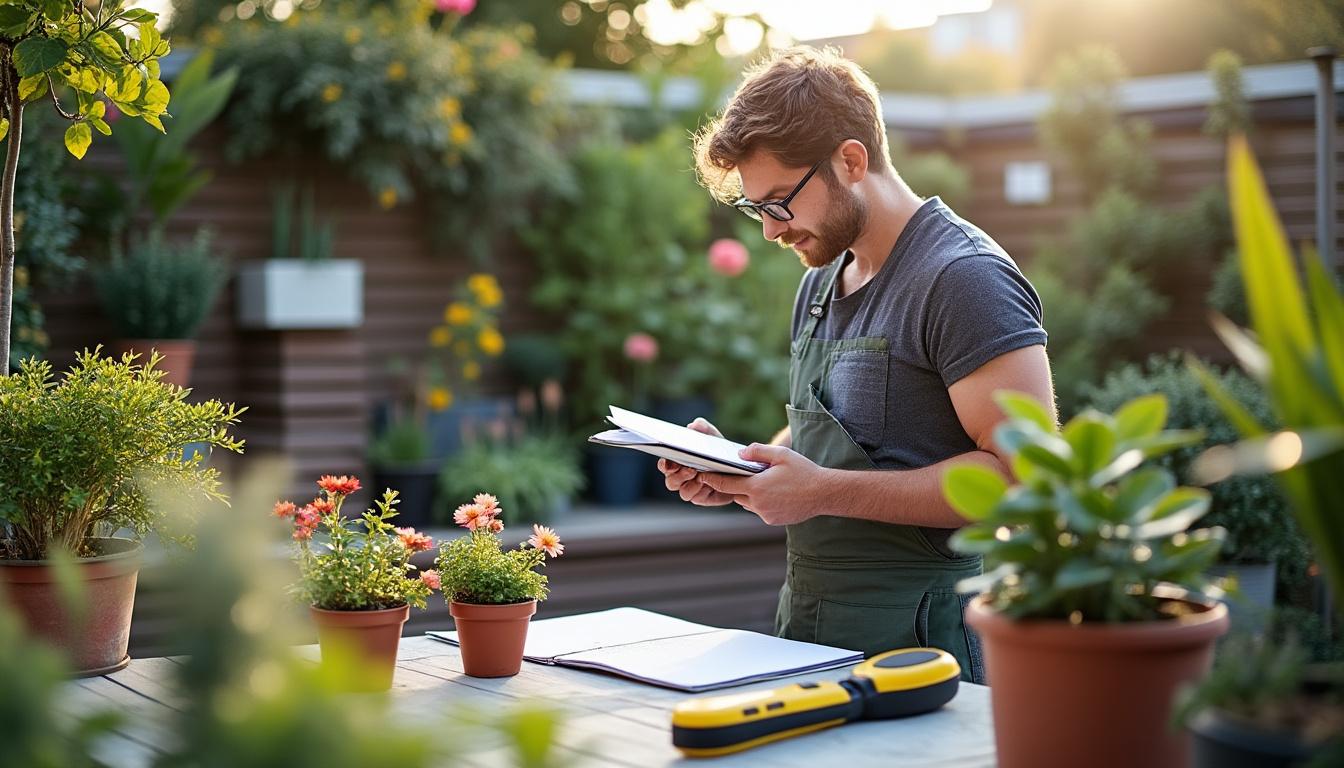 Illustration: Analyser la configuration et préparer l’espace pour l’aménagement de terrasse avec des pots de fleurs