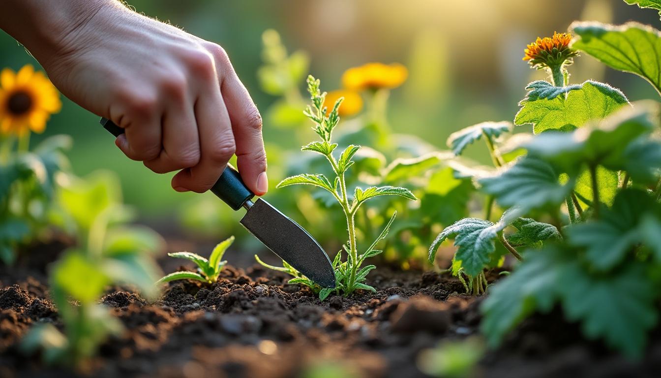 Illustration: Techniques manuelles pour désherber sans abîmer les plantes au jardin