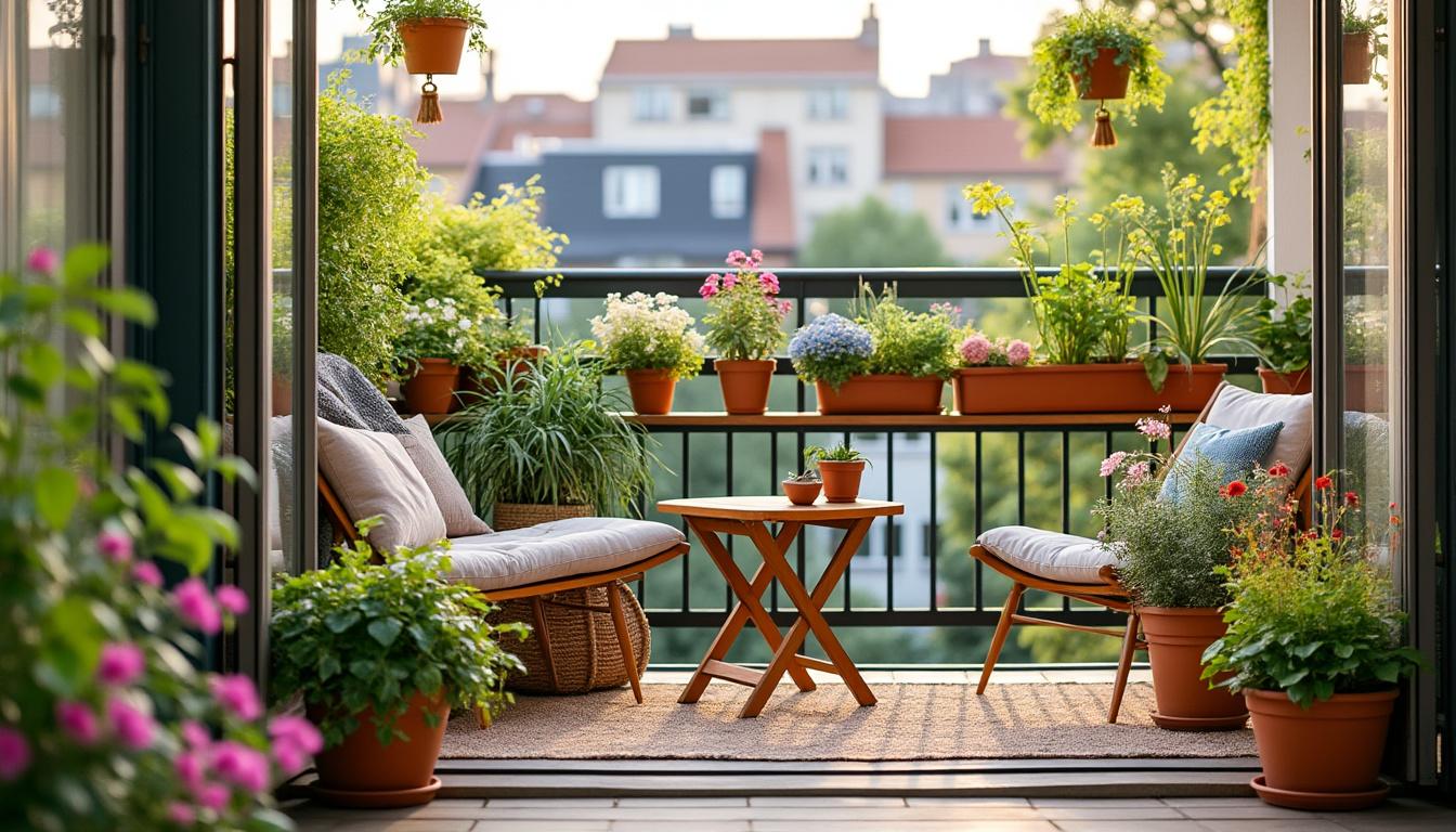 Illustration: Exemples de disposition de pots sur balcon selon la surface disponible