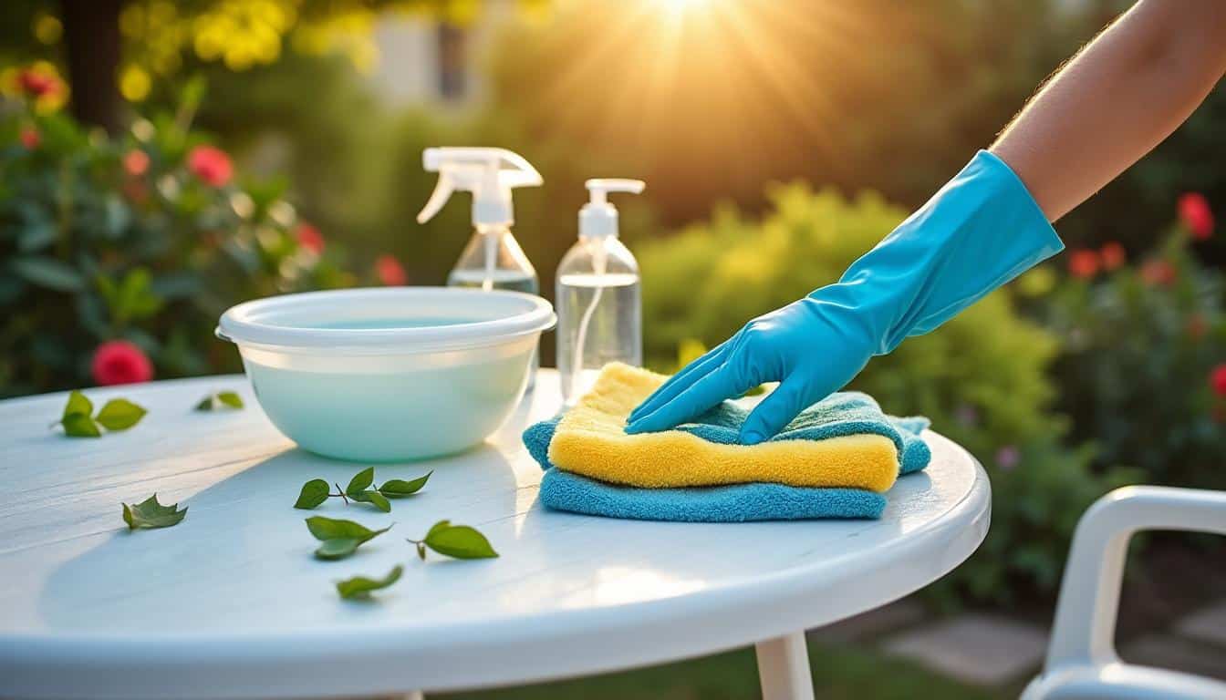Illustration: Préparer le matériel pour bien nettoyer une table de jardin en plastique blanc sans l’abîmer
