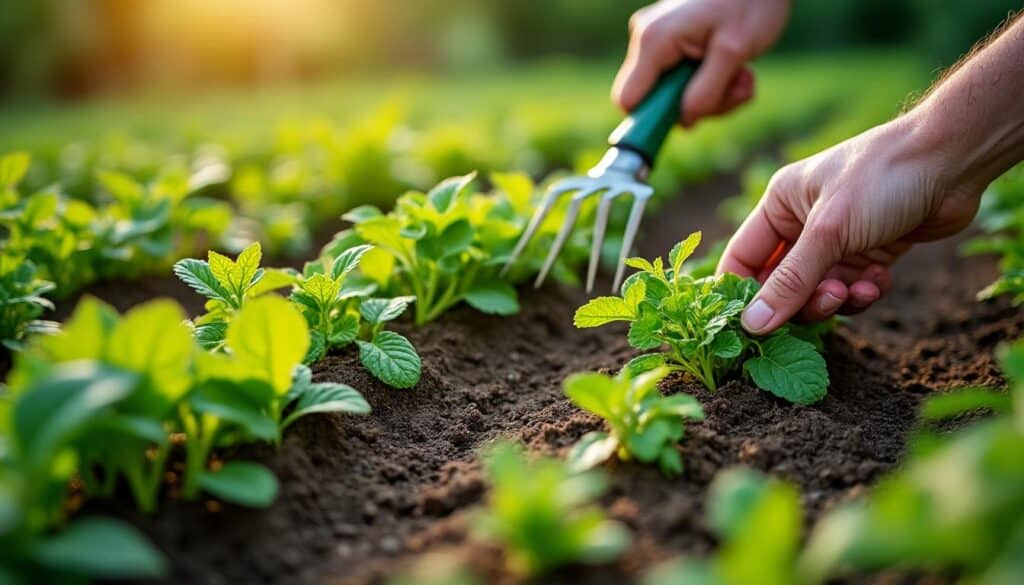Désherbage naturel du potager au printemps avec paillage efficace